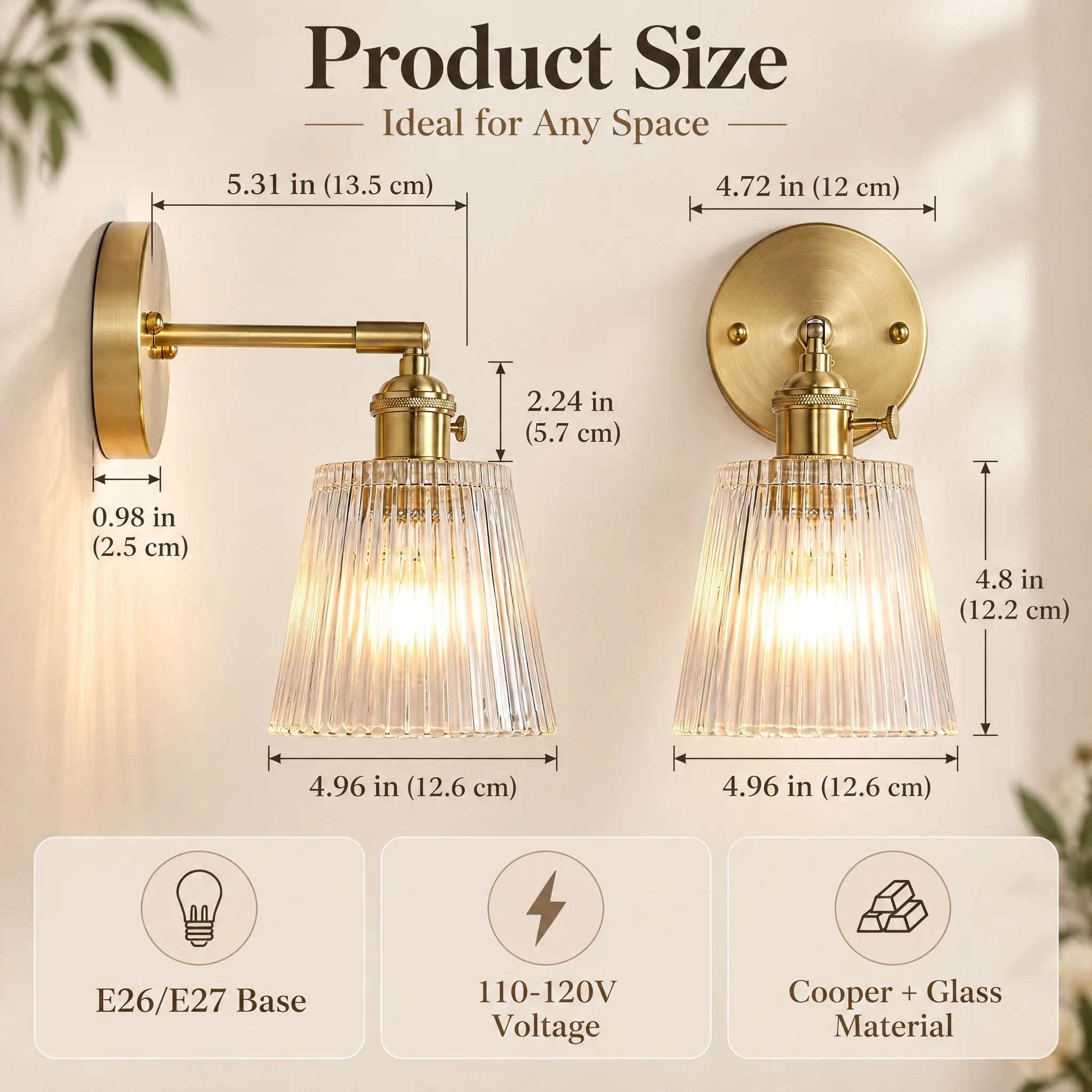 Vintage Brass Wall Sconce with Ribbed Glass Shade Battery Operated RGB Dimmable Wall Lamp Remote Control Timer E26 E27 Base Hardwire & Wireless Install Wall Light for Bathroom Bedroom Mirror Living Room Decor