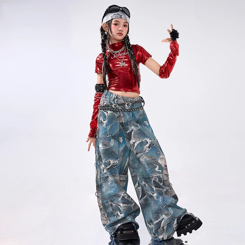 Costume de danse Jazz rouge pour spectacle scolaire, tenue de spectacle, haut court, pantalon Shuffle, vêtements de scène Kpop pour filles, vêtements de danse de rue, 2025 2673
