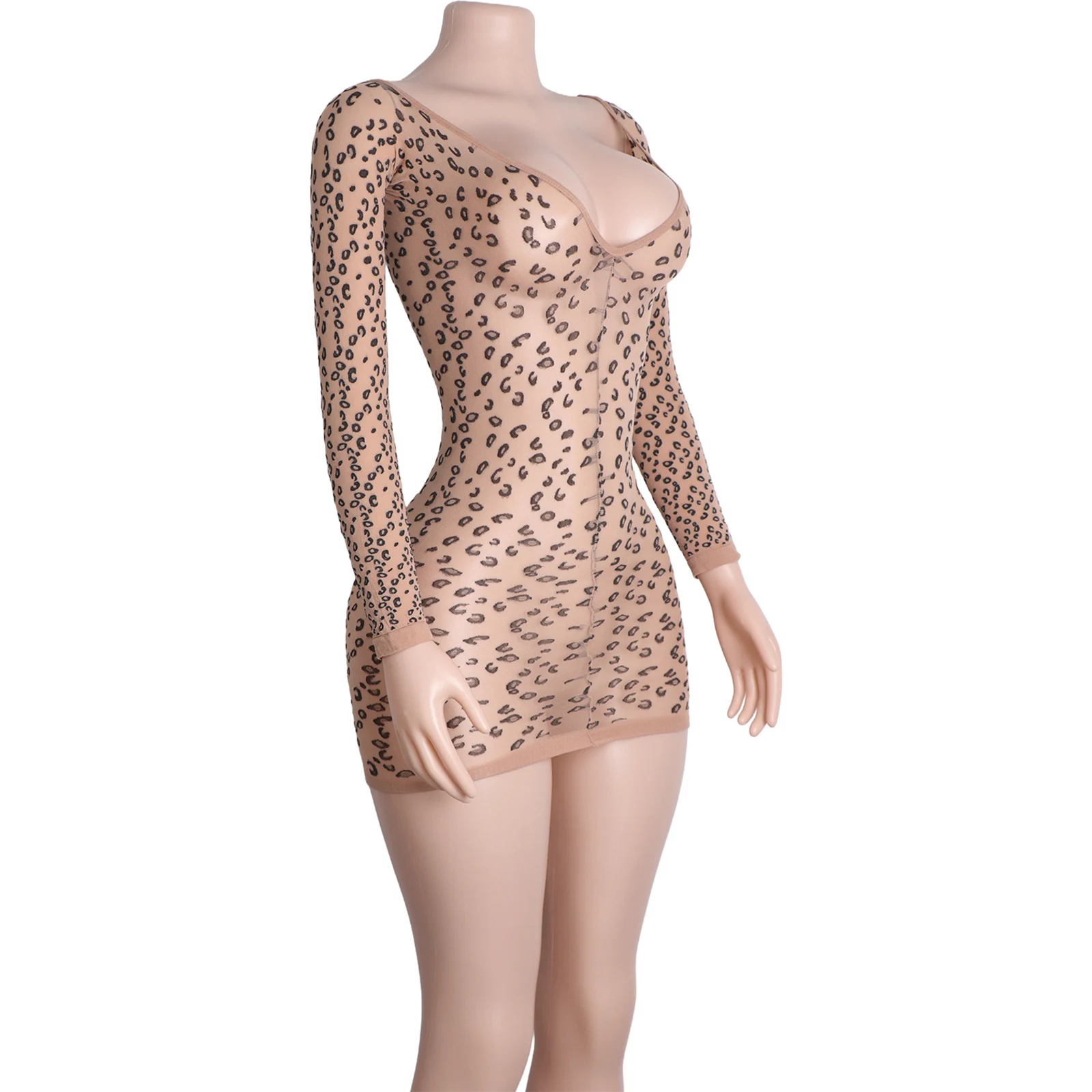 エキゾチックダンスウェア レオパード柄 ボディスーツ ディープVネック 長袖 クラブ パフォーマンス衣装 ストリッパー コスチューム タイトジャンプスーツ