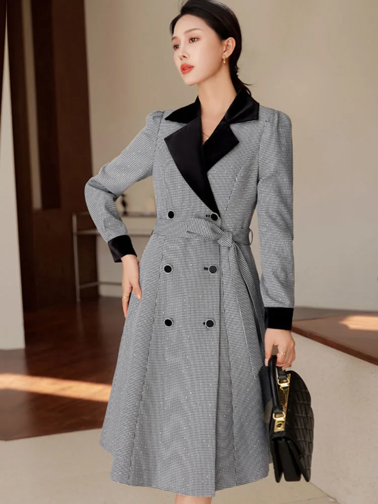 Fashion Tailored Coat for Women Autumn Winter 2024 New Korean Long Sleeve Lace Up Midi Jackets Ladies Casual Coats