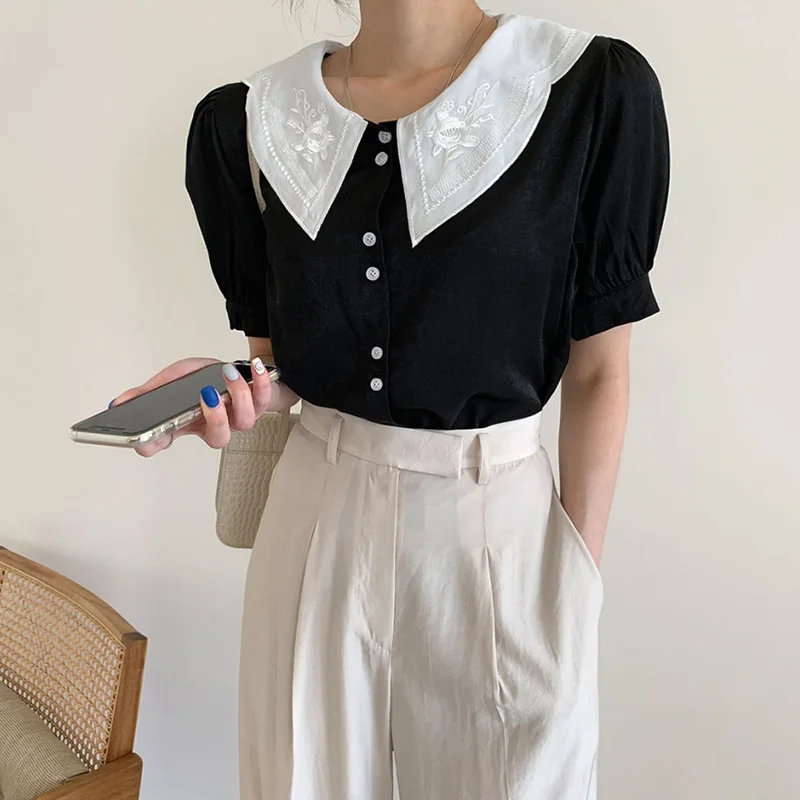 Korean chic summer Vintage Embroidery Lapel single breasted bubble sleeve shirt + high waist large swing skirt women G859