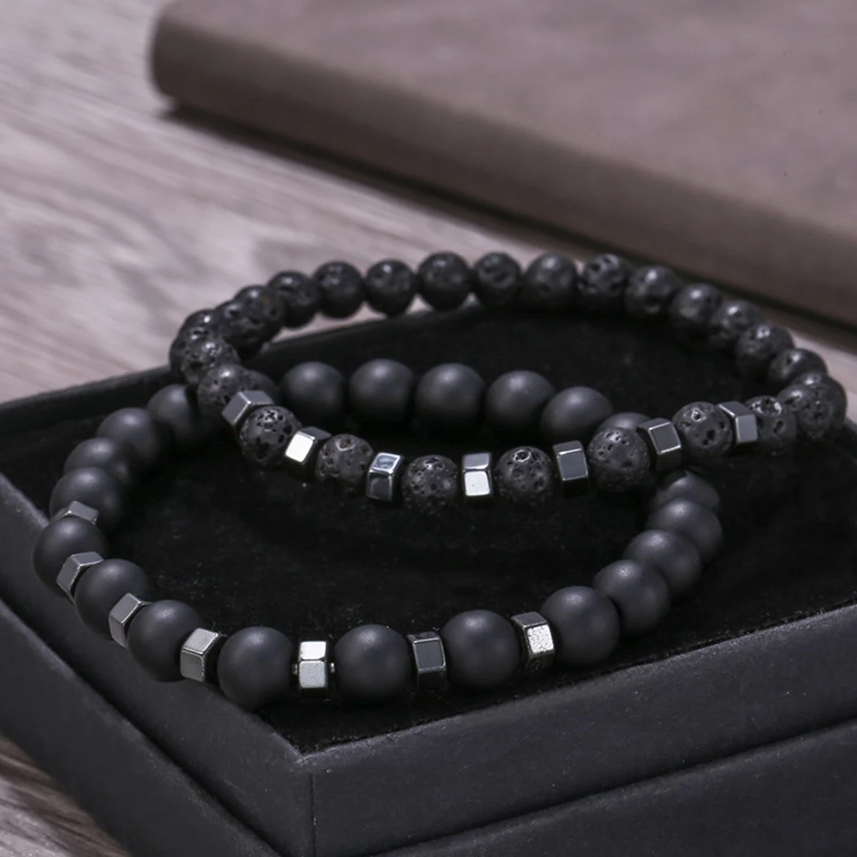 2pcs/set Beaded Bracelet Men 8mm Lava Tiger Eye Stone Bead Charm Men Bracelet Sets Jewelry Gift image 5