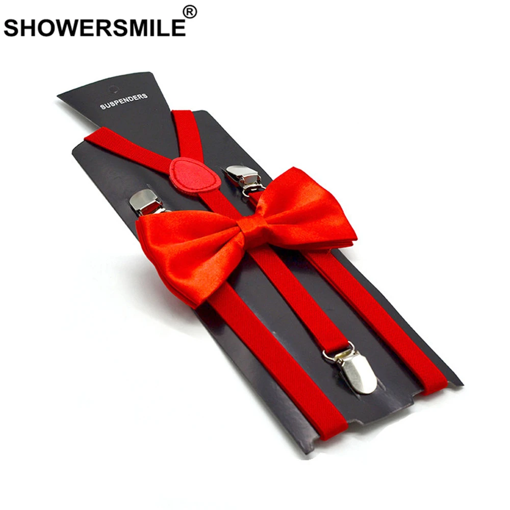 SHOWERSMILE Set Suspender Kuning Bowtie Suspender Pria Wanita Dewasa Kawat Gigi Tipis Hitam Merah Putih Biru Merah Muda Krem 100Cm * 1.5Cm