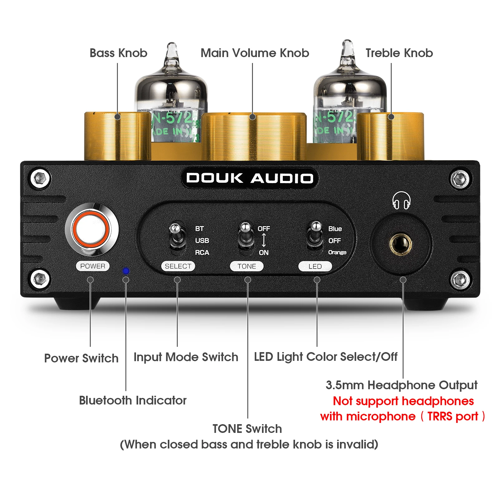 Nobsound HiFi Bluetooth 5.0 JAN 5725 Valve Tube Preamp Bass Preamplifier Stereo Audio Headphone Amplifier USB DAC APTX