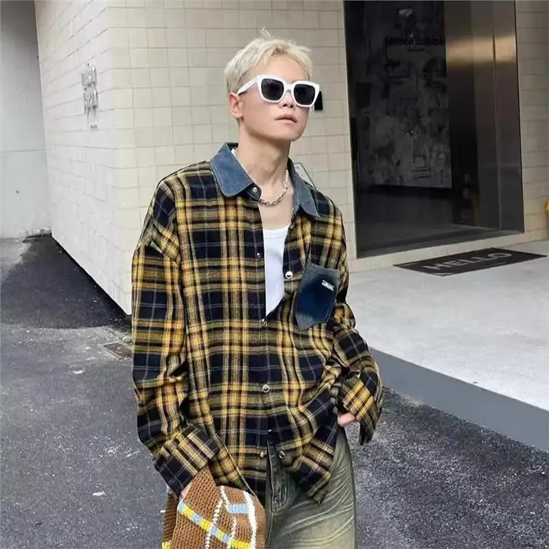 

Summer Large Size Plaid Long Sve Men's irt Vintage Denim Patchwork Design Casual Outerwear Polyester Spring Faion