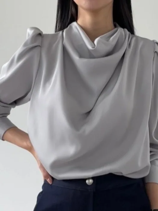 

Chic Long Sve Satin irt Women's Faionable Bubble Sve Ele Early Autumn irt Age-Defng Folded Collar Top