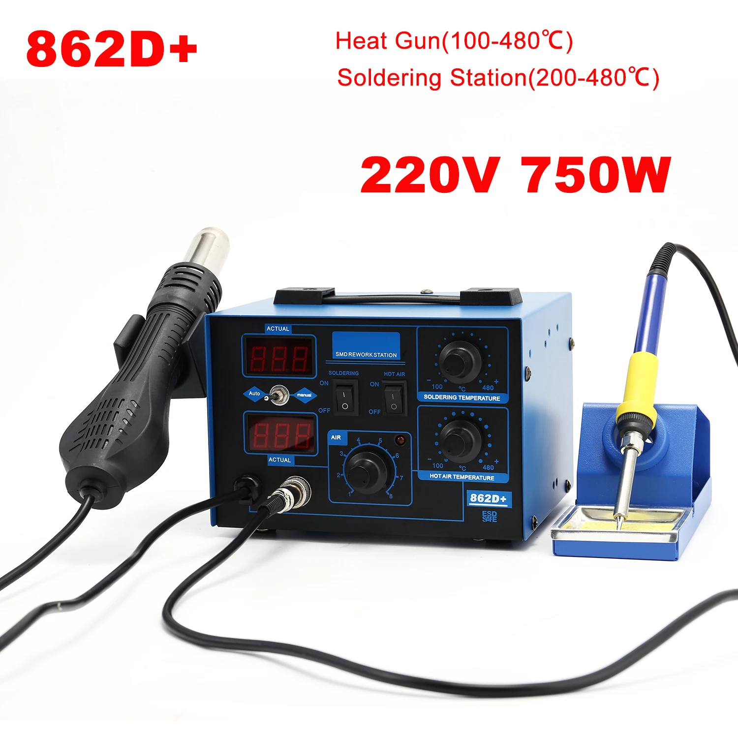 220V 750W SMD Rework Soldering Station 2 In 1 Hot Air Soldering Iron LCD Digital Display Welding Station for BGA PCB IC Repair