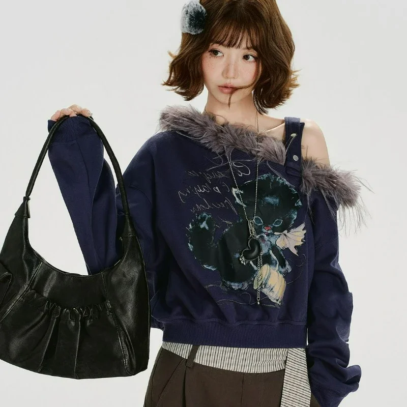 

Новая укороченная свободная толстовка с открытыми плечами, в стиле ретро, с американским меховым воротником и принтом, с длинными рукавами, женская осенняя модель