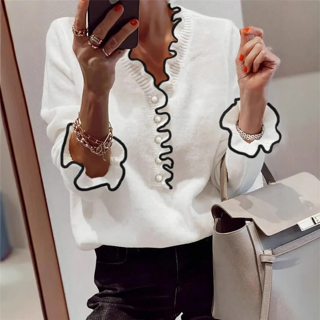 

Новинка 2023 года, осенний кружевной дизайн, свитер Джокера с длинными рукавами и v-образным вырезом, деревянными ушками и рогами