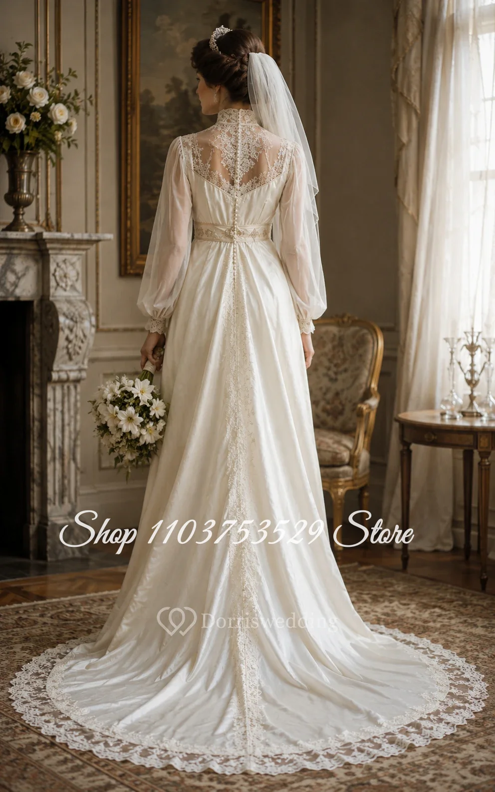 Customized Pearl White Elegant Wedding Dress Edwardian Vintage High-Neck Lace Long-Sleeve Satin Lightweight Wedding Dress 2026