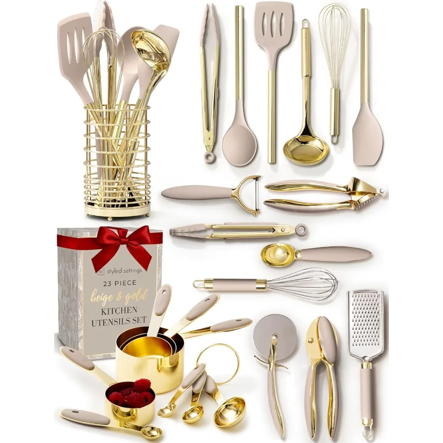 

Стильные настройки, набор бежевого и золотого посуды, 23 предмета, силиконовые кухонные принадлежности с антипригарным покрытием и пресс для чеснока, открывалка, мерные чашки