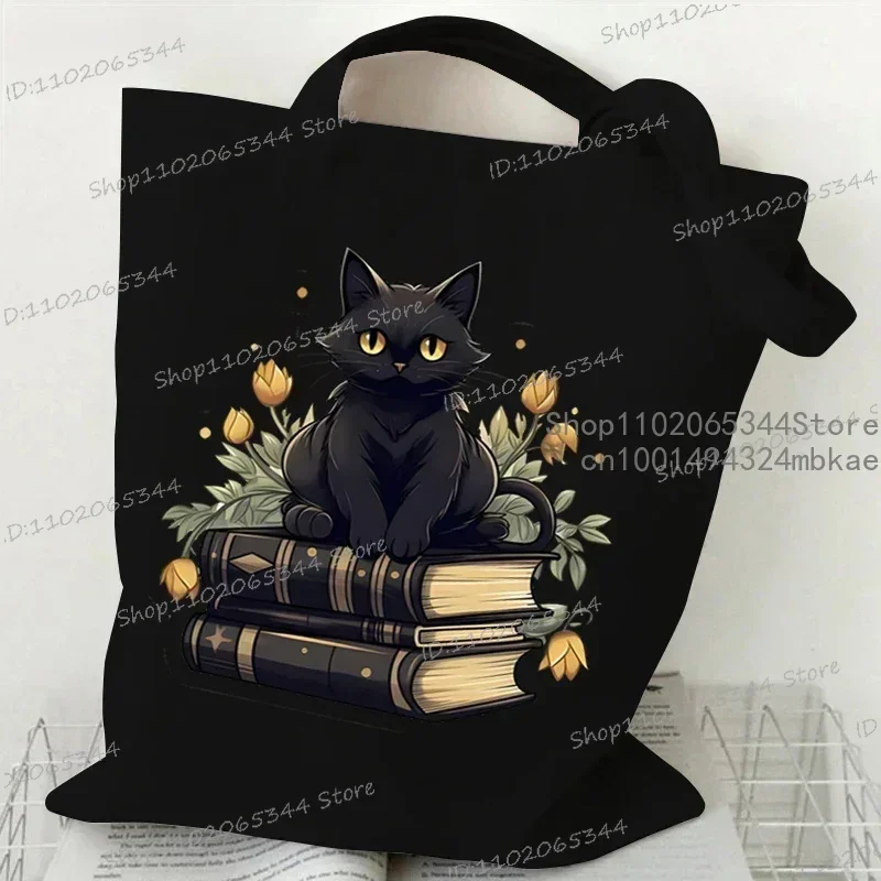 Gato preto e livros bolsa de lona para mulheres homens shopper engraçado amante da leitura bolsas reutilizáveis bolsa de ombro dos desenhos animados bolsa de mão