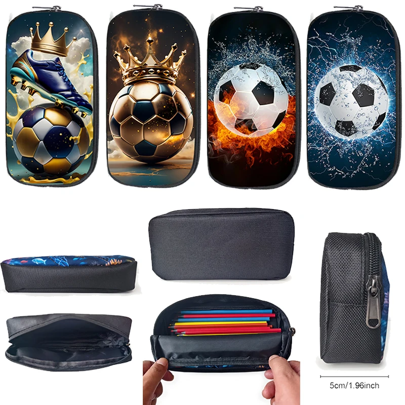 Cool Soccer with Golden Crown Cosmetic Case Kids Football Pencil Bag Teenager Stationery Bag Pencil Box Office School Supplies