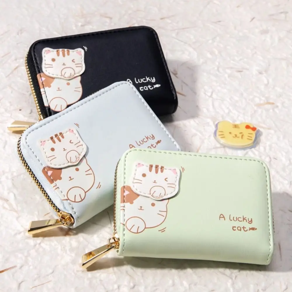 

Solid Color Cute Tri-Fold Purses Multi-card Slot Korean Style Cat Short Wallet Card Pocket PU Leather Women Card Holder Female