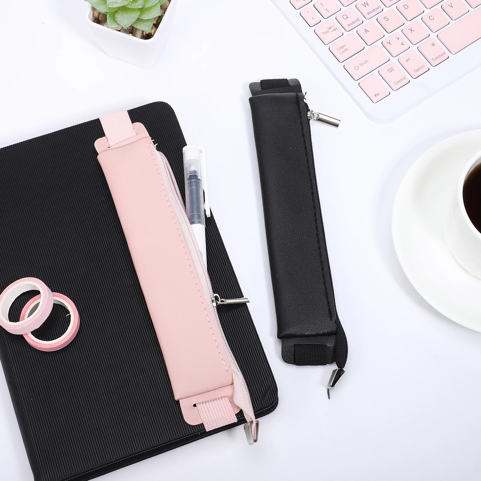 

2 Pcs Zipper Bag Pencil Case Stationery Office Pouch Pu Elastic Holder for Planner