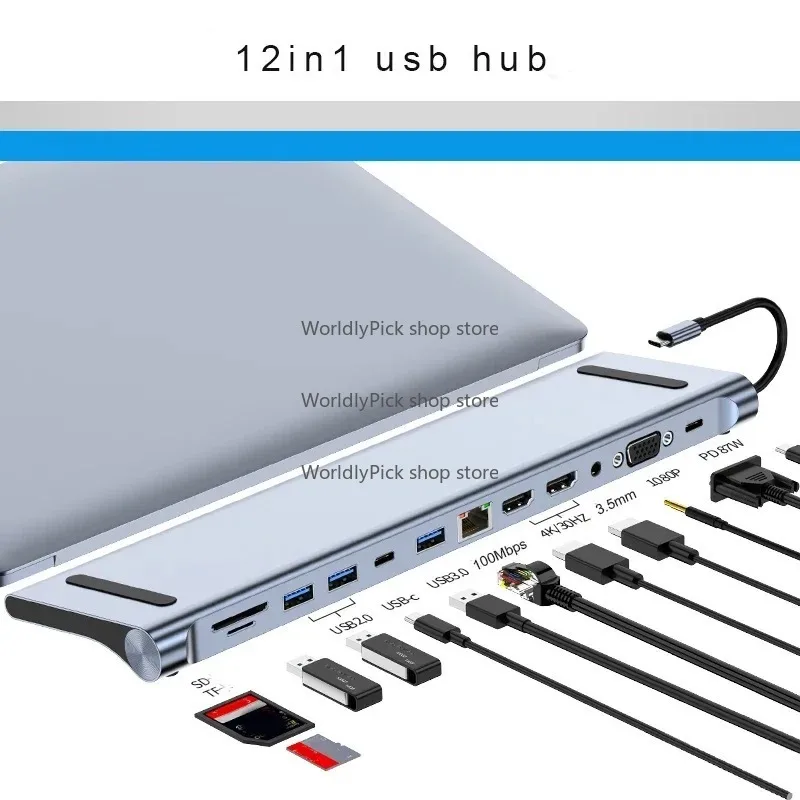 Docking Station Multi Port Hub, USB Type C to 4K DP HDTV VGA Adapter, 12 in 1
