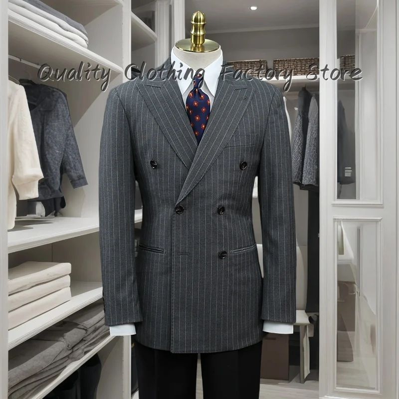 

Classic Men's Suit 2 Piece Set Striped Formal Jacket Slim Fit Double Breasted Business Casual Pants Tailor-made Suits