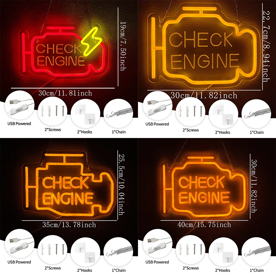Check Engine Led Neon Sign, Garage Wall Decor, Auto Repair Shop, Game Room, Workshop, Man Cave Wall Lamp, Father'S Day Gift.