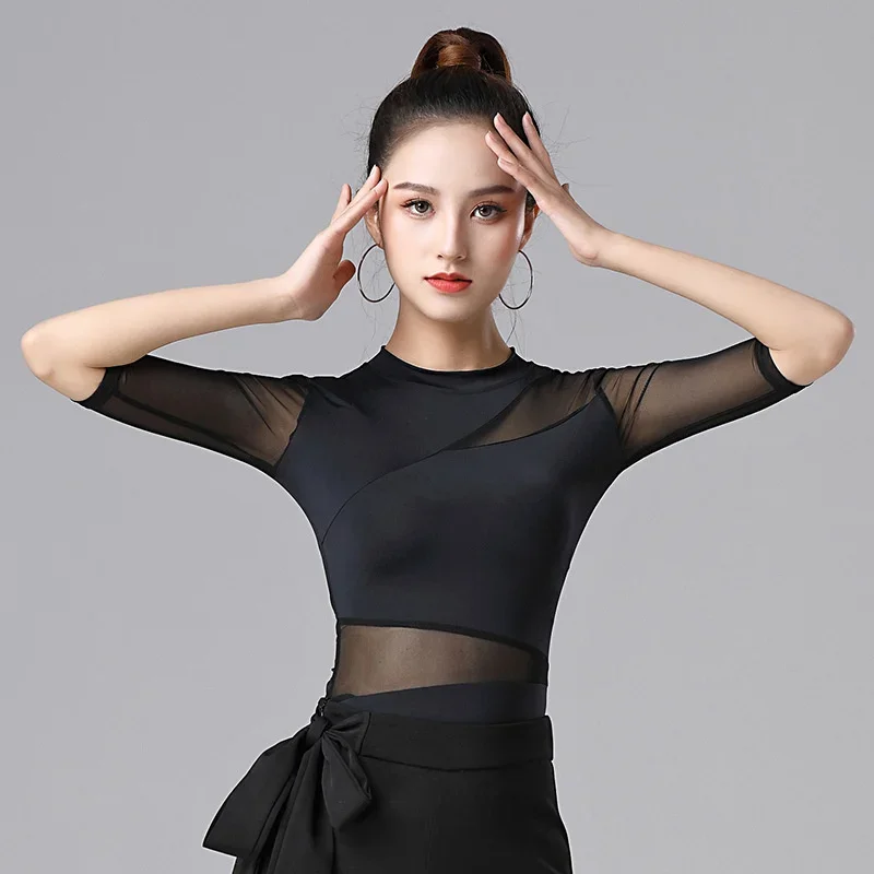 New Mesh top Latin Women Dance Practice Clothes Ballroom Dance Professional Modern Dance National Standard Training Shirt