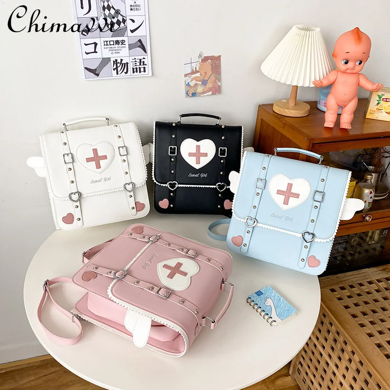 

New Japanese Cute JK Uniform Square Bag Sweet Angel Wings Heart Embroidered Bags Women Preppy Style Kawaii Students Backpacks