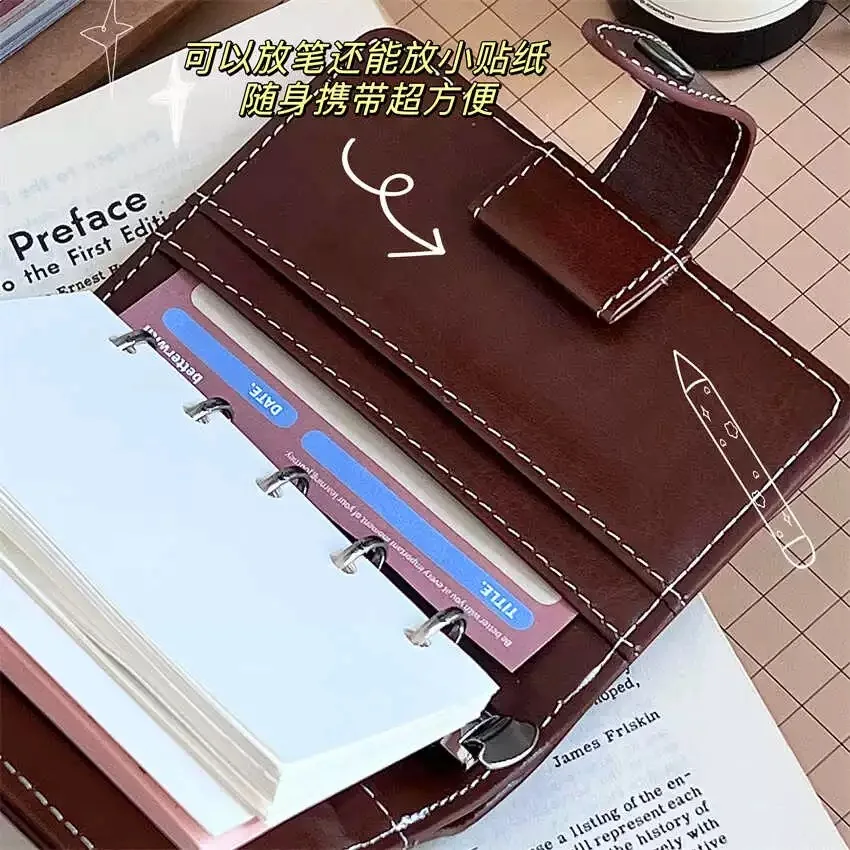 Imagem -04 - Pequeno Caderno de Couro pu para Meninas Suporte de Cartão Portátil Design Simples Fichário Macio Marrom Estudante m5 Notepad