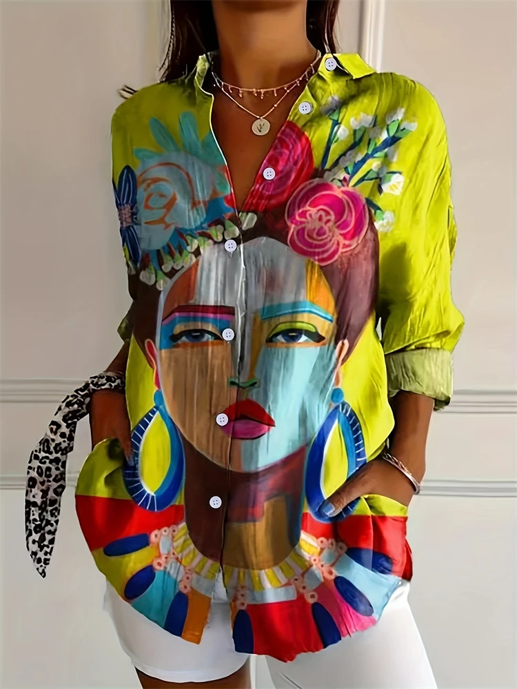 

Fashion Women's Summer Lapel Button Down Shirt 3D Face Print Long Sleeve Shirt Casual Large Size Outdoor Beach Flower Shirt