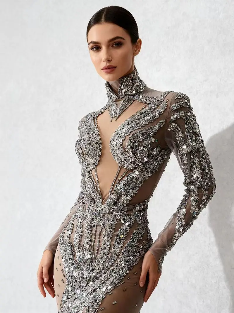 Feixiang Luxury Evening Dress Silver Glitter Sexy Perspective Mesh Dress Bar Performance Dress Christmas Homecoming Prom Gowns