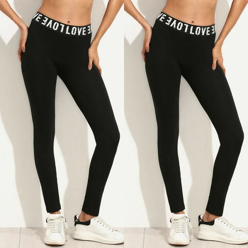 Mallas de entrenamiento informales para mujer, pantalones elásticos con letras, color negro, talla S-XL