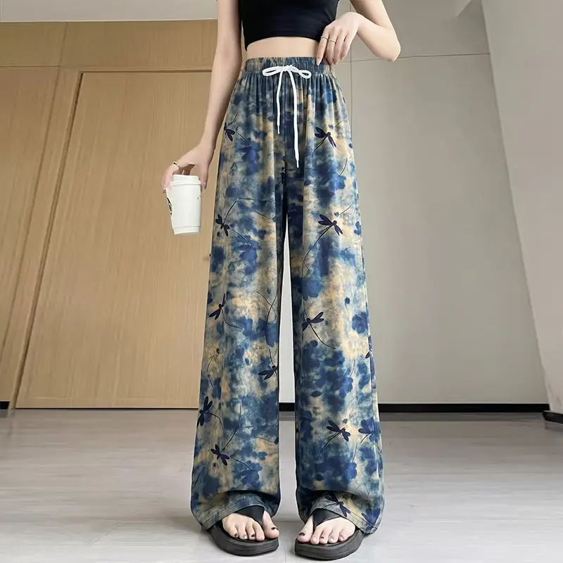 Ice Silk Casual Pants Women 2026 Summer New Thin Retro National Style High Waist Trousers Printed Straight Wide-leg Pants Female