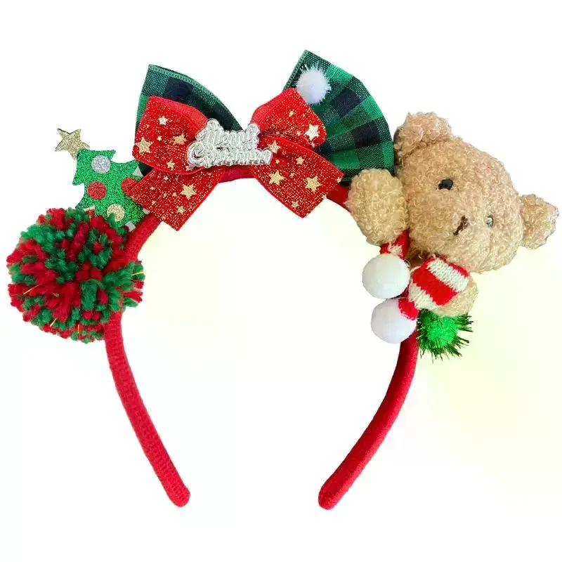 Opaska na głowę z misiem świątecznym z kokardą - świąteczny pluszowy dodatek do włosów dla kobiet, idealny na imprezy i do zdjęć. Lekki i stylowy!