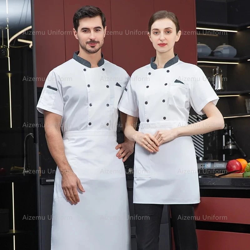 Uniforme de Chef de cocina, camisa de chef de manga corta para cocinero de hotel y panadería, chaqueta de Chef transpirable con doble botonadura, ropa de servicio de comida con logo