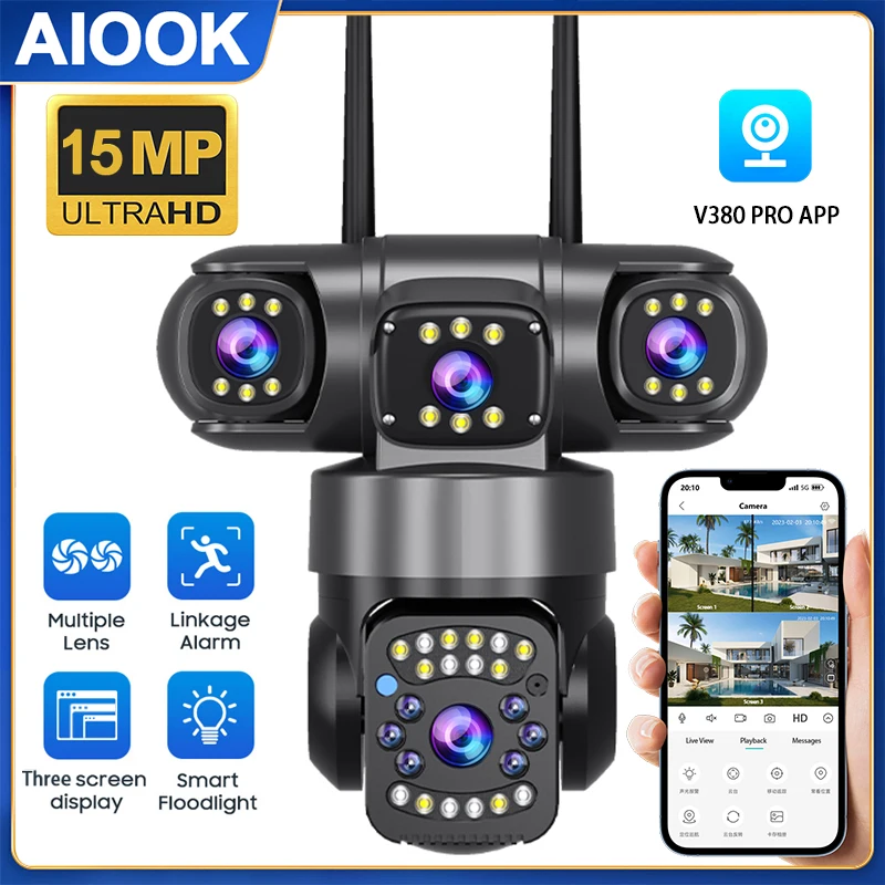 

AIOOK V380 PRO Outdoor Camera WiFi HD 15MP Triple Lens Camera Waterproof Night Vision Two Way Intercom Mobile Tracking IP Camera