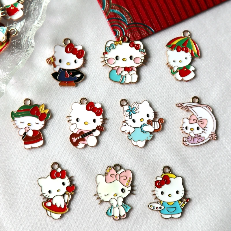 10pcs Hello Kitty Kawaii Metal Pendant Anime Talent Cosplay Cute Alloy Charms DIY Necklace Earings Bracelet Keychain Accessories