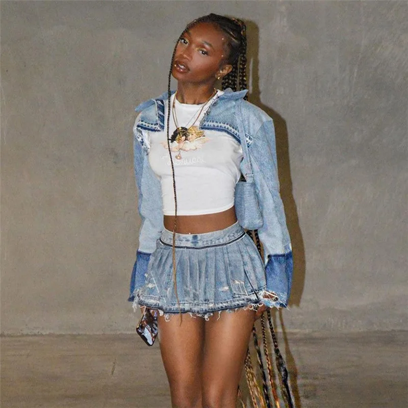 

Washed Jeans Mini Pleated Skirts Women Zipper Button Fly High Waist Fashion Casual Streetwear Denim Petticoat Female Bottoms