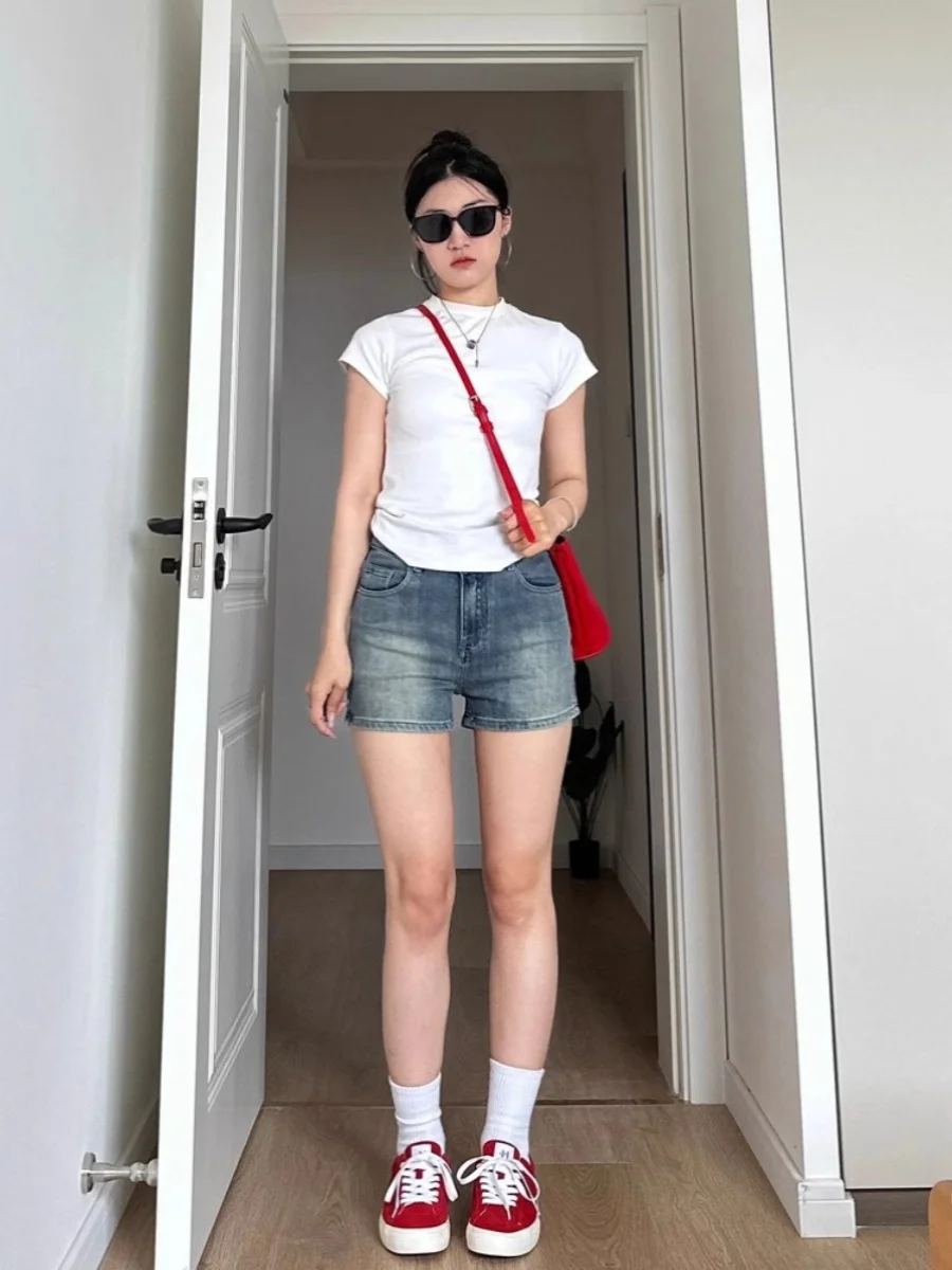 

Slim Fit High Waist A-Line Denim Shorts Women's Summer plus Size Elastic Straight Leg Hot Pants Vintage Sexy Short Skirts