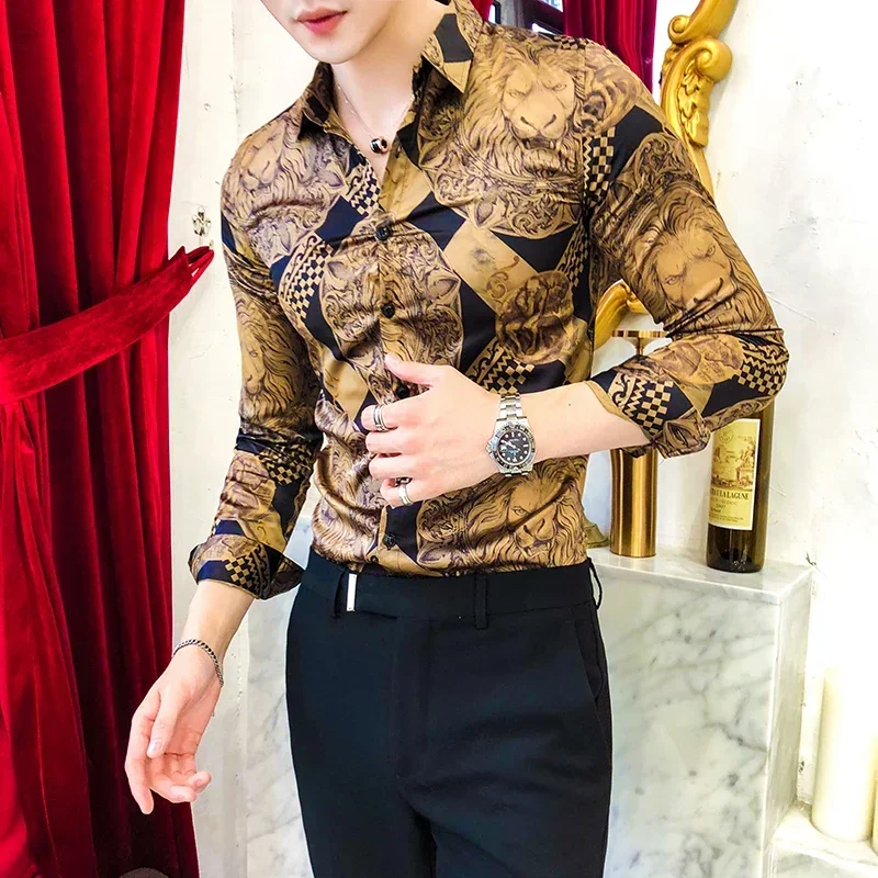 

2023 Luxury Vintage Men's Shirt Slim Long Sleeve Streetwear Shirts Male Casual Business Formal Dress Shirts Social Party Tuxedo