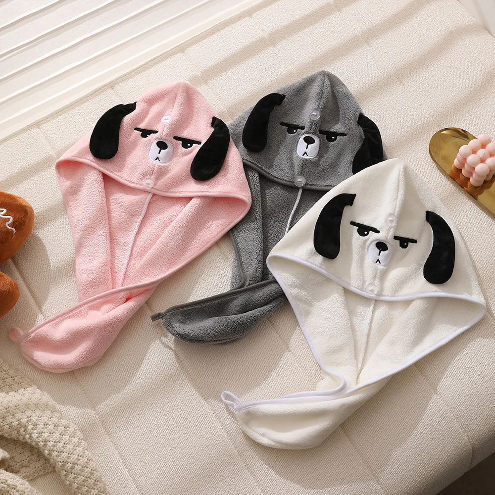 Cartoon-style Cute and Silly Dog-shaped Triangular Hair-drying Cap Made of Coral Fleece, Highly Absorbent and Quick-drying