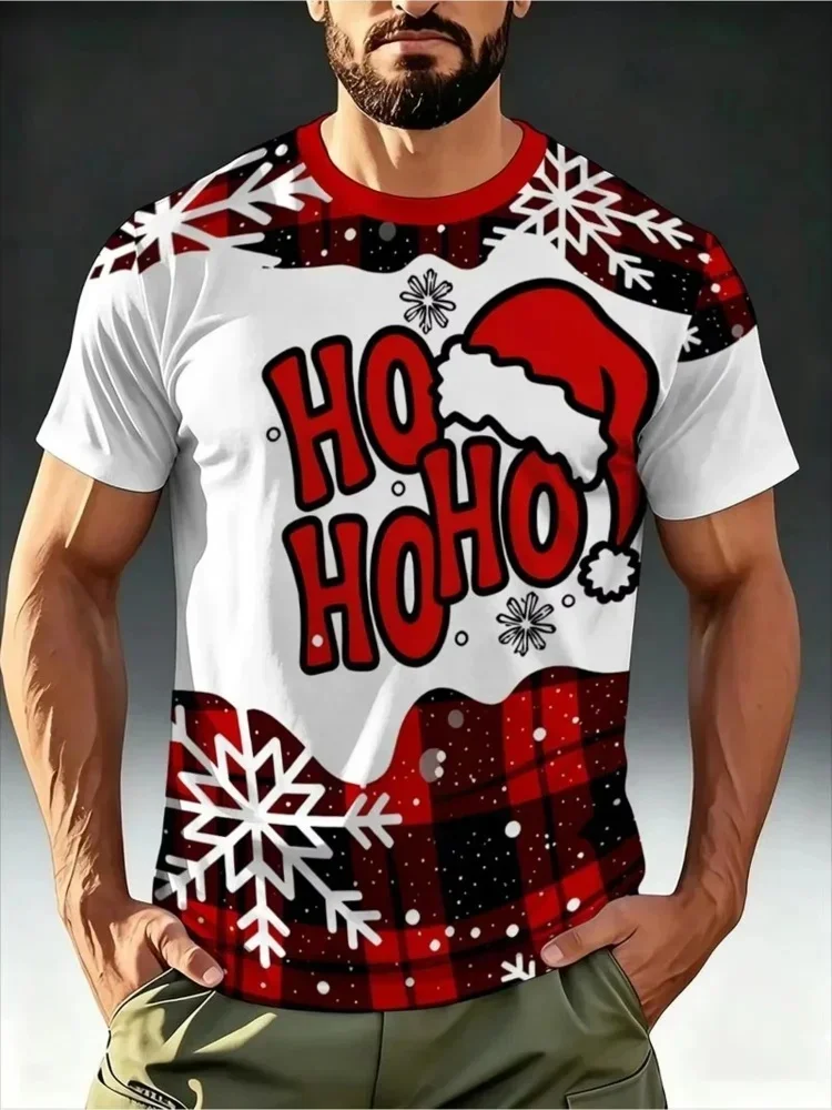 2026 Fashion New Men Christmas Ho Ho Ho T-Shirt Santa Hat Plaid Snowflake Graphic Crew Neck Short Sleeve Holiday Party Tee