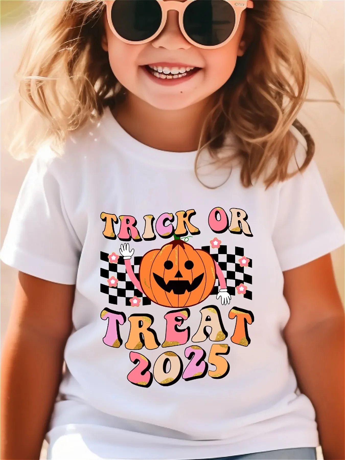 Halloween girls' T-shirt trick or treat 2025 letter print pumpkin pattern print loose comfortable round neck short sleeved top