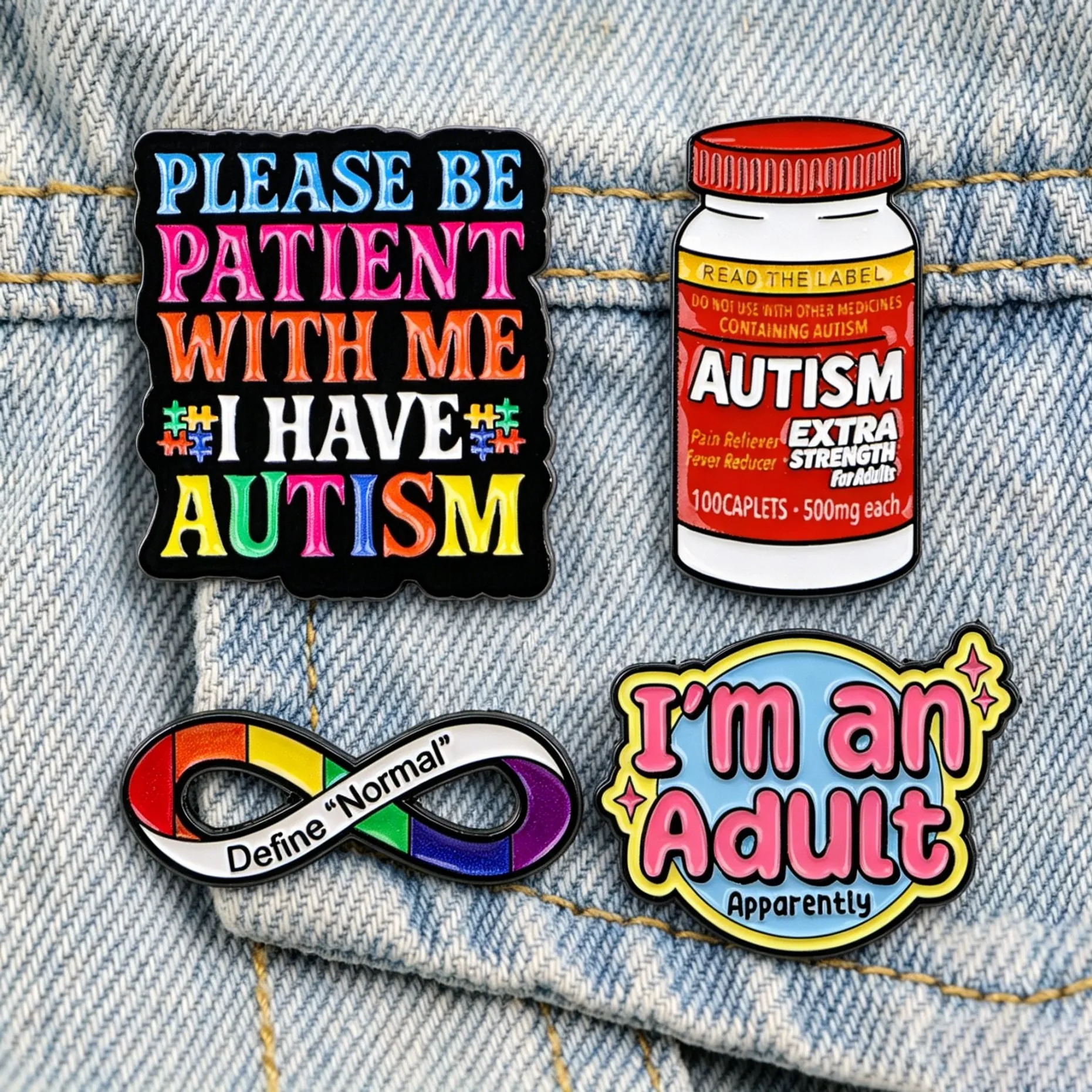 Lustige Autismus-Emaille-Anstecknadel „Autismus Extra Stark“ Medizinflaschen-Brosche Bewusstseins-Regenbogen-Unendlichkeits-Anstecknadeln Kleidungsdekoration