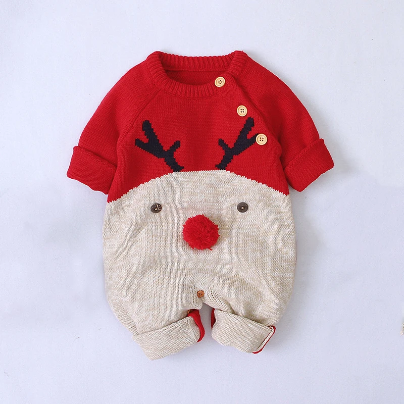 Baby Boy Girl Christmas Romper Rudolph Knitted Jumper Long Sleeve Sweater Playsuit Red-nose Reindeer Knit Jumpsuit for 0-2 Yrs