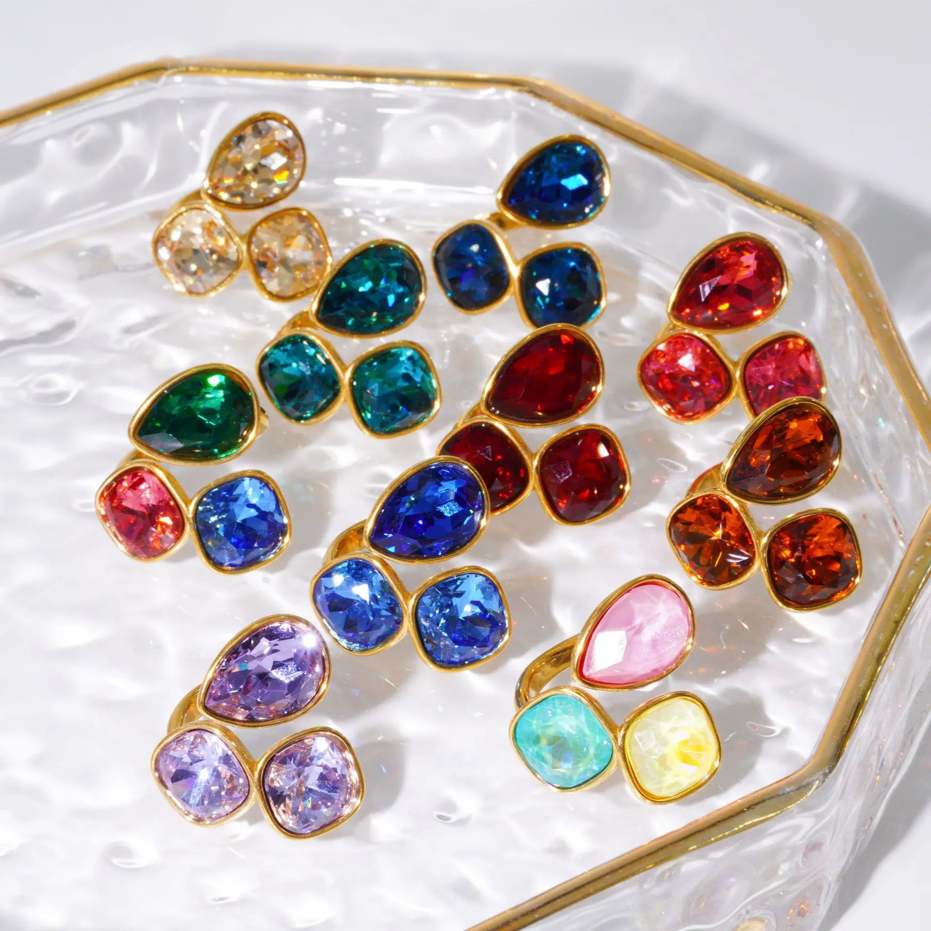 

New light luxury style colorful titanium steel open ring water drop square geometric element 14K gold plated crystal ring