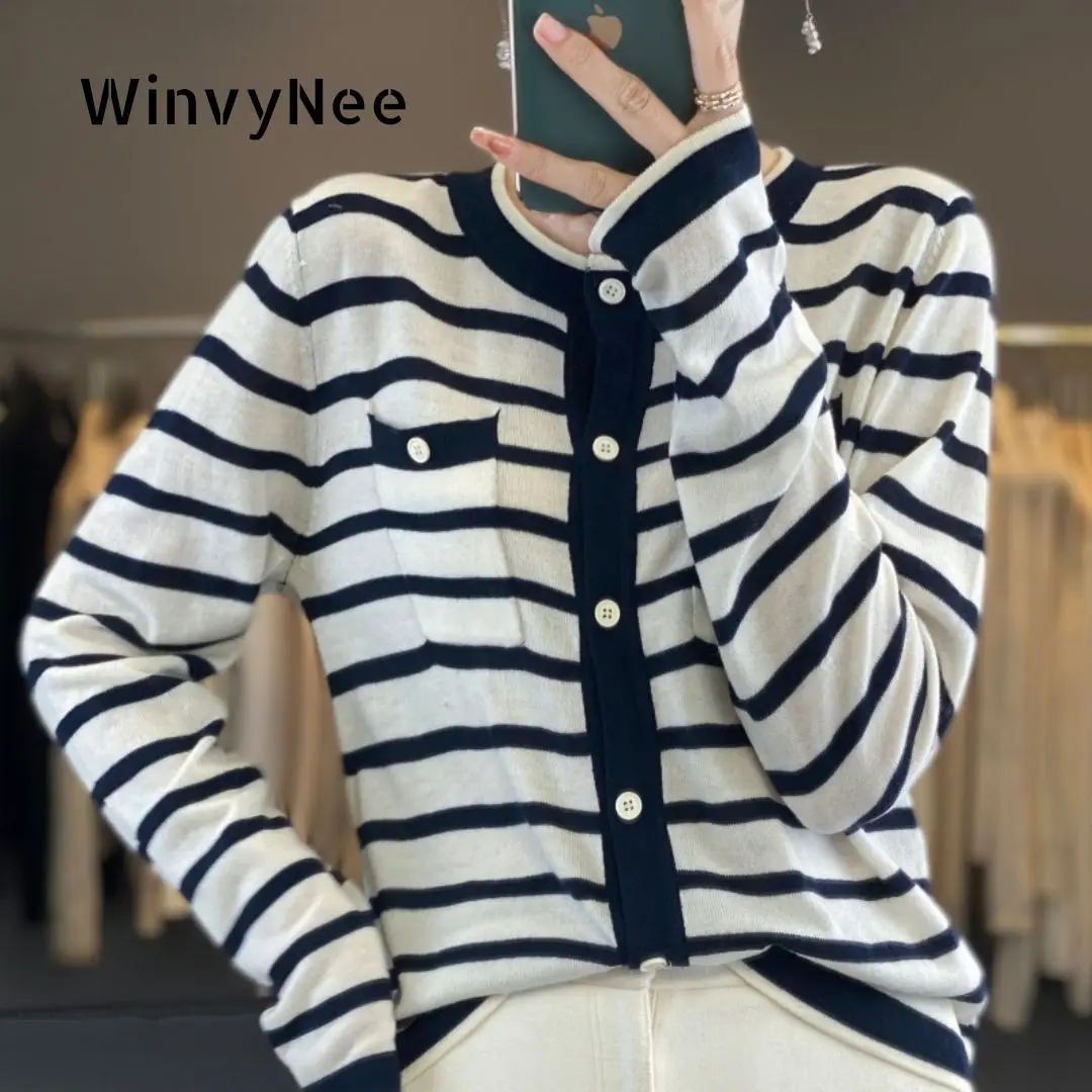 

Женский модный кардиган WinvyNee с двухцветными блоками, круглым вырезом и карманами, трендовый дизайн, весенняя вязаная повседневная верхняя одежда ZB1047038