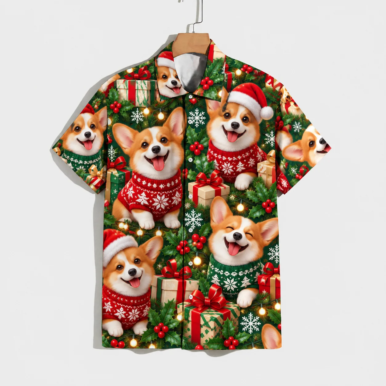 Funny Christmas Corgi Shirt Men 3D Printed Santa Dog Snowflake Design Short Sleeve Casual Comfortable Family Outfit Clothing