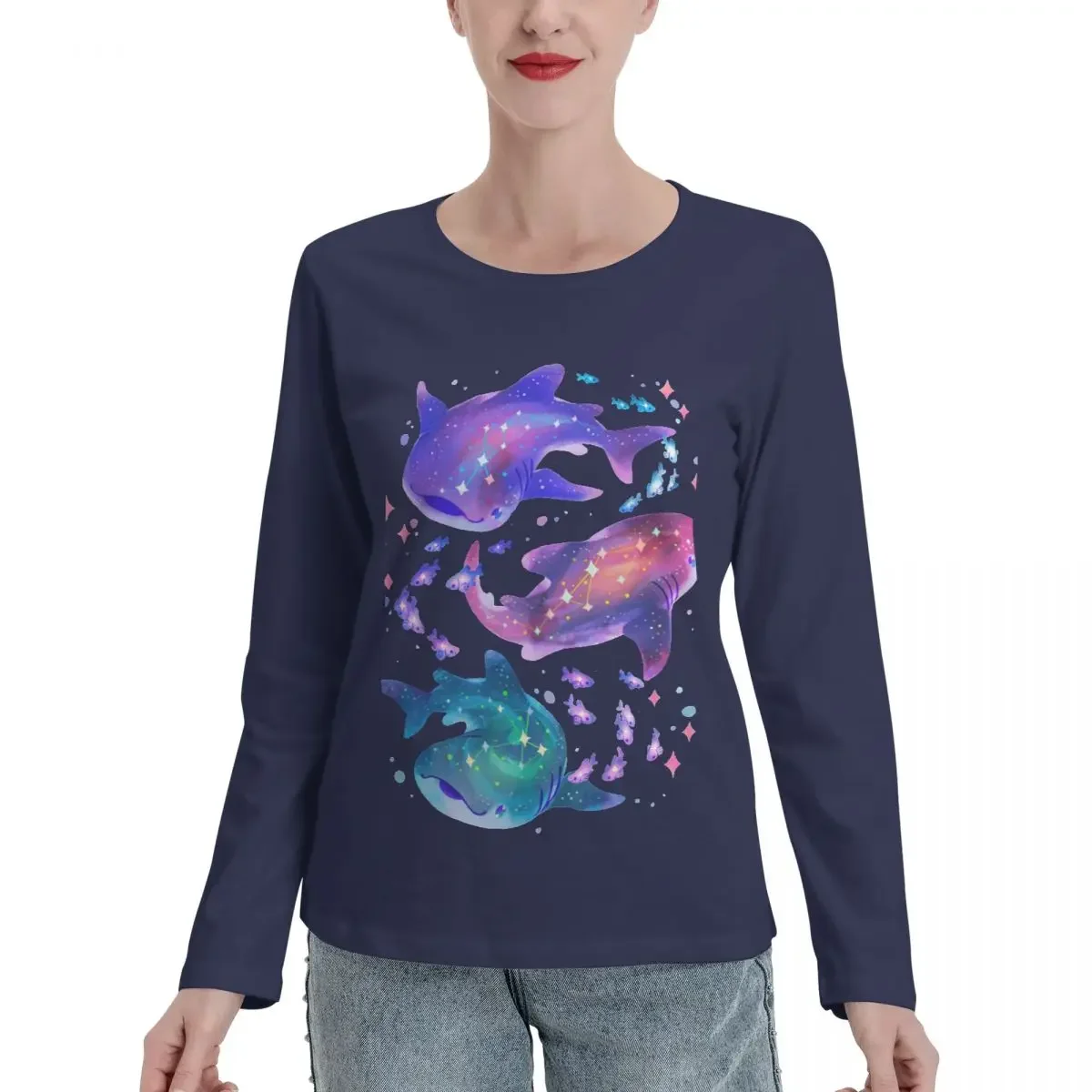 Cosmic Whale Shark Long Sleeve T-Shirts plus size tops Tee shirt sweat shirt woman t shirt