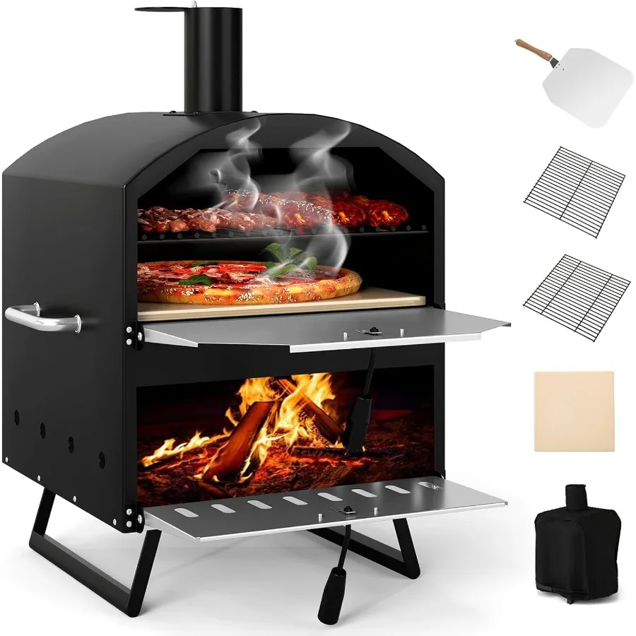 Giantex Holzbefeuerter Outdoor-Pizzaofen mit 16-Zoll-Pizzastein, 2-lagiger Kochraum, tragbarer Pizzamaker für Camping im Hinterhof