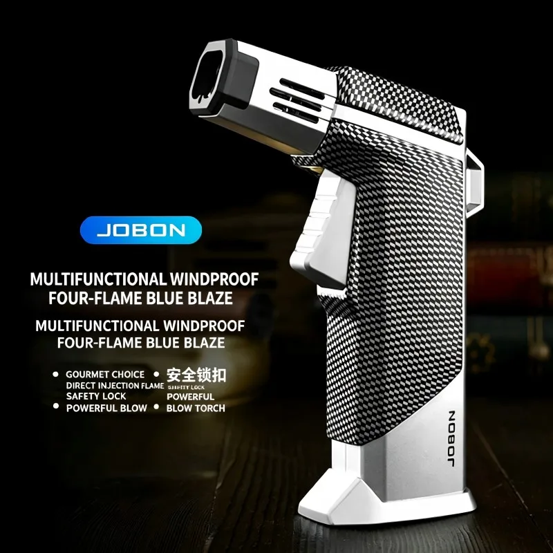 JOBON Vierflammen-Feuerzeug mit Starker Blauer Flamme, Einstellbarer Flammengröße, Ein-Knopf-Verriegelung, Zigarren-Zündung, BBQ-Outdoor-Werkzeug