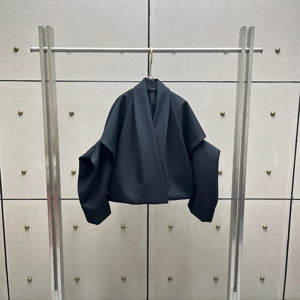 Women Deconstructed Cropped Jacket V‑Neck Lapel Drop Shoulder Irregular Cut Loose Oversized Minimalist Casual Outerwear Coat