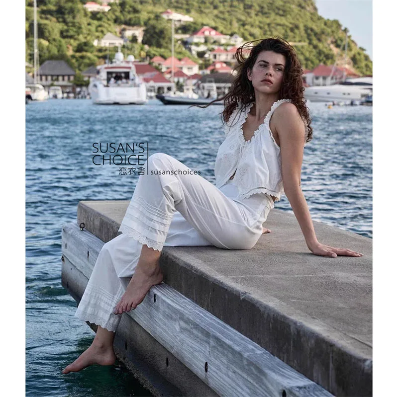 Susan taille haute jambe droite coton pantalon femme pur coton brodé dentelle pantalon décontracté été Faion Ele