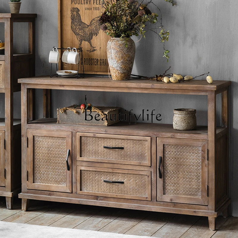 Retro Distressed Sideboard Cabinet American Solid Wood Entrance Cabinet Storage Rack Decorative Multi-Functional Locker